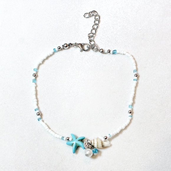🐠🐟🐚White Turquoise Starfish Pearl Seashell Dangle Beachy Ankle Bracelet 🐚 - Picture 1 of 5